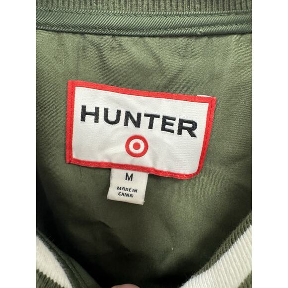 Hunter for Target Varsity Bomber Jacket M Green Stripe Satin Pockets Snap Front - Picture 2 of 4